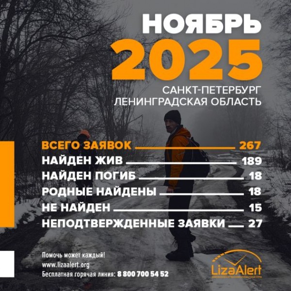 Волонтеры "ЛизаАлерт" нашли больше 180 человек в Петербурге и Ленобласти за ноябрь Волонтеры "ЛизаАлерт" нашли больше 180 человек в Петербурге и Ленобласти за ноябрь
