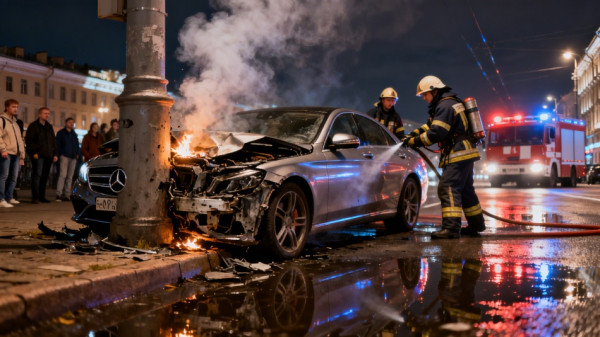 Владелец Mercedes на скорости протаранил столб на Кушелевской дороге Петербурга Владелец Mercedes на скорости протаранил столб на Кушелевской дороге Петербурга