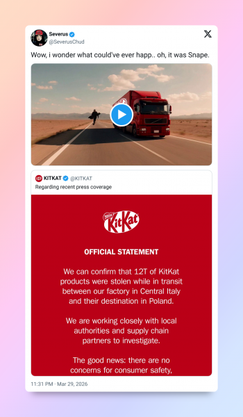 Кража 12 тонн батончиков KitKat стала новым мемом в стиле «мы тут ни при чём»