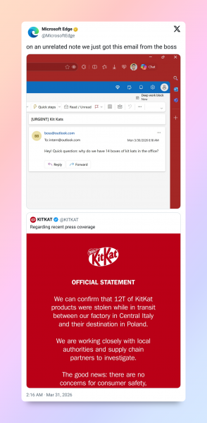 Кража 12 тонн батончиков KitKat стала новым мемом в стиле «мы тут ни при чём»