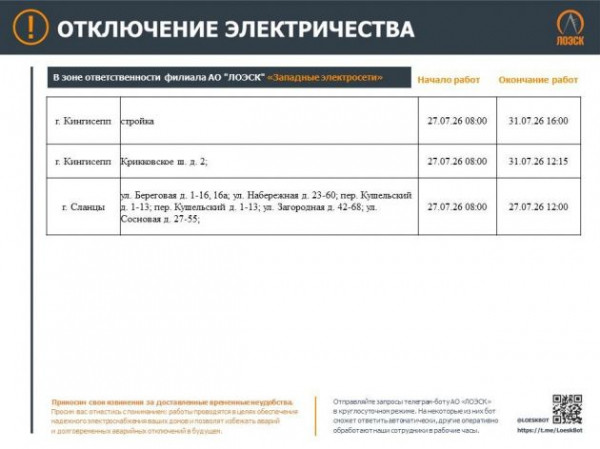 Где будут отключать свет в Ленобласти с понедельника