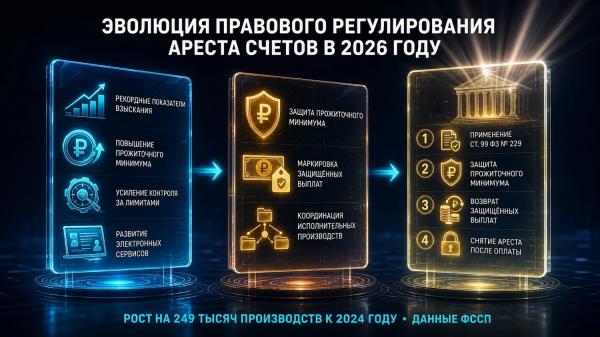 Арест банковских счетов судебными приставами: правоприменение ФЗ № 229-ФЗ и защита прав должника в практике 2026 года Арест банковских счетов судебными приставами: правоприменение ФЗ № 229-ФЗ и защита прав должника в практике 2026 года